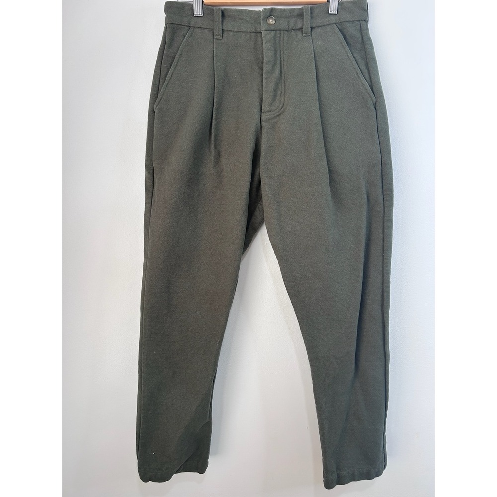 18 East MFG Mens Pleated Tapered Trousers Olive Green Cotton Pants Small 30x27